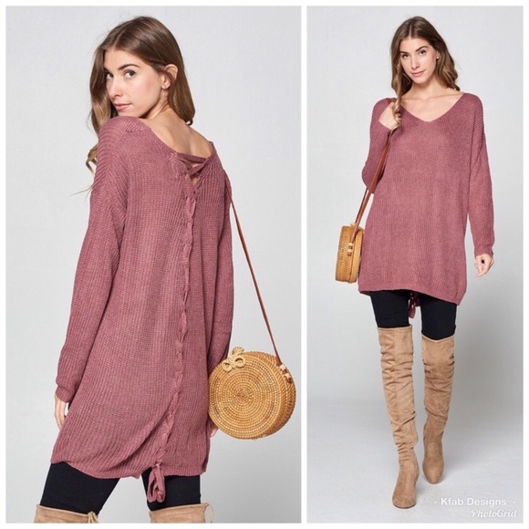 SALE! Mauve Lace Up Back Sweater - Picture 2 of 8